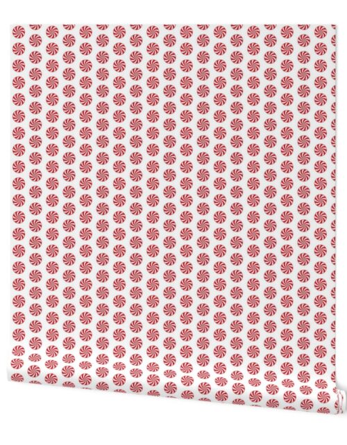 Red and White Peppermint Christmas Candy Swirls on White Wallpaper
