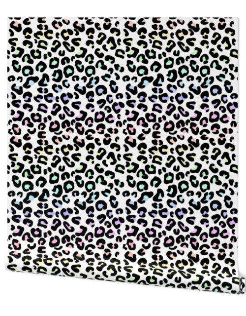 Pale Pastel Rainbow Colored Leopard Spots on White Wallpaper