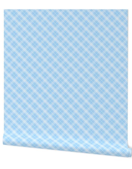 Diagonal Tartan Check Plaid in Pastel Baby Blue with White Lines Wallpaper