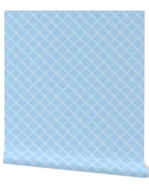 Diagonal Tartan Check Plaid in Pastel Baby Blue with Pale Blue Lines Wallpaper