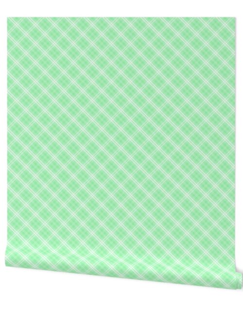 Diagonal Tartan Check Plaid in Pastel Mint Green with White Lines Wallpaper