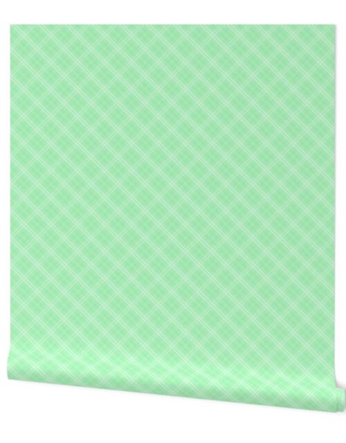 Diagonal Tartan Check Plaid in Pastel Mint Green with Soft Green Lines Wallpaper