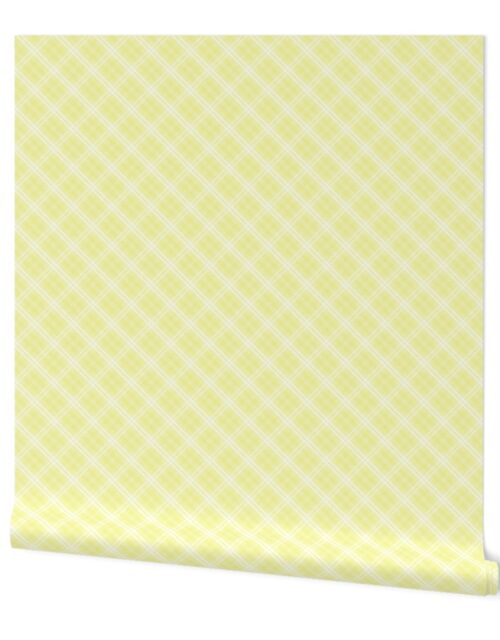 Diagonal Tartan Check Plaid in Pastel Lemon Yellow with White Lines Wallpaper