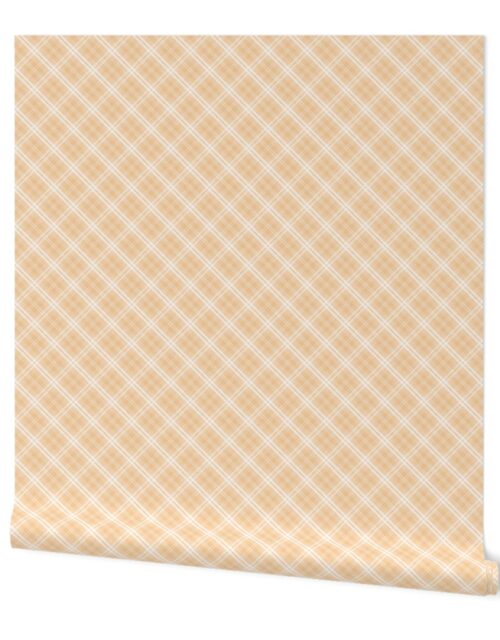 Diagonal Tartan Check Plaid in Pastel Peachy Orange with White Lines Wallpaper