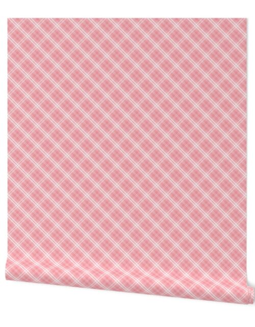 Diagonal Tartan Check Plaid in Pastel Pink with White Lines Wallpaper