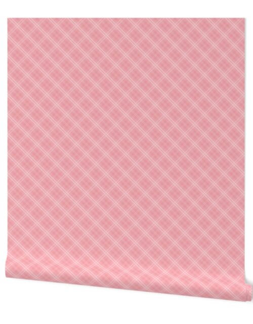 Diagonal Tartan Check Plaid in Pastel Pink with Pink Lines Wallpaper
