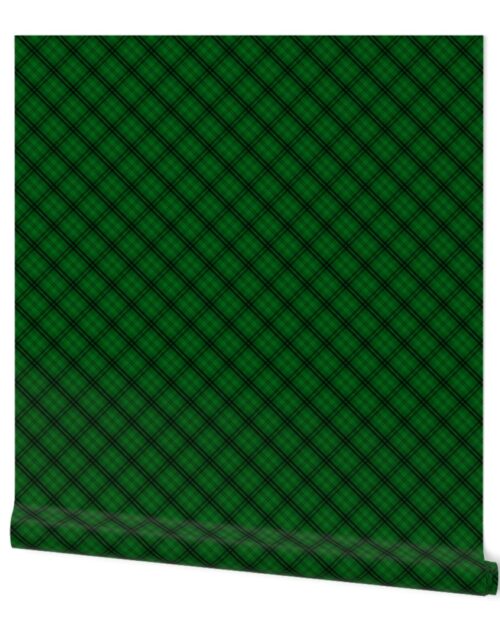 Diagonal Tartan Check Plaid in Christmas Green with Christmas Blue Wallpaper