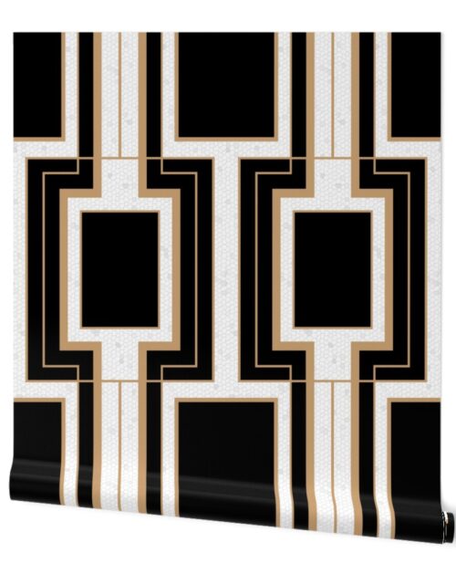 Jumbo Art Deco Geometric Rectangles in Black and Faux Gold with Off-White Eggshell Craquelure Pattern Wallpaper