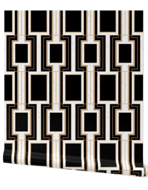 Small Art Deco Geometric Rectangles in Black and Faux Gold with Off-White Eggshell Craquelure Pattern Wallpaper