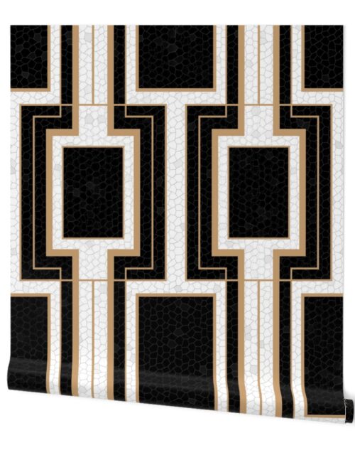 Jumbo Art Deco Geometric Rectangles in Cracked Black and Faux Gold with Off-White Eggshell Craquelure Pattern Wallpaper