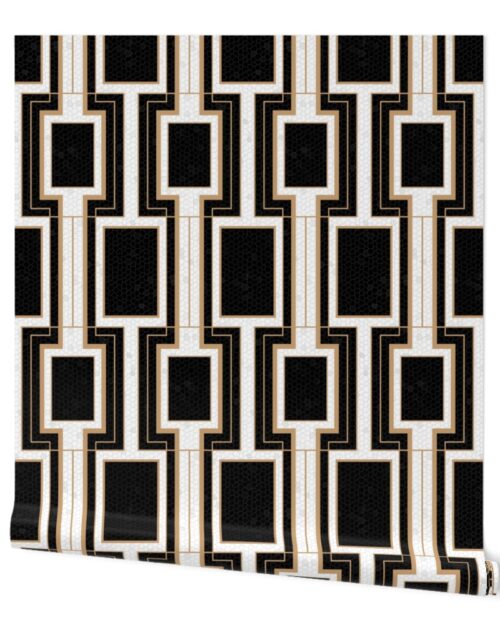 Small Art Deco Geometric Rectangles in Cracked Black and Faux Gold with Off-White Eggshell Craquelure Pattern Wallpaper