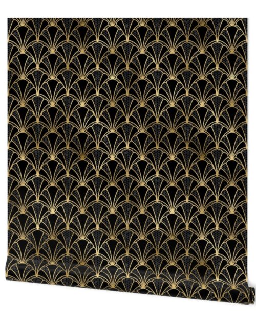 Crackled Black and Solid Black Scallop Shells in Black with Gold Art Deco Vintage Foil Pattern Wallpaper