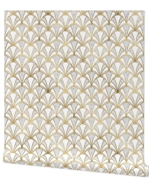 Crackled Cream Scallop Shells in Off-White with Gold Art Deco Vintage Foil Pattern Wallpaper