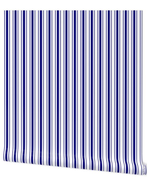 Classic Navy Blue Mattress Ticking Bed Stripe on White Wallpaper