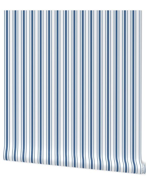 Classic Queen Blue White Mattress Ticking Bed Stripe on White Wallpaper