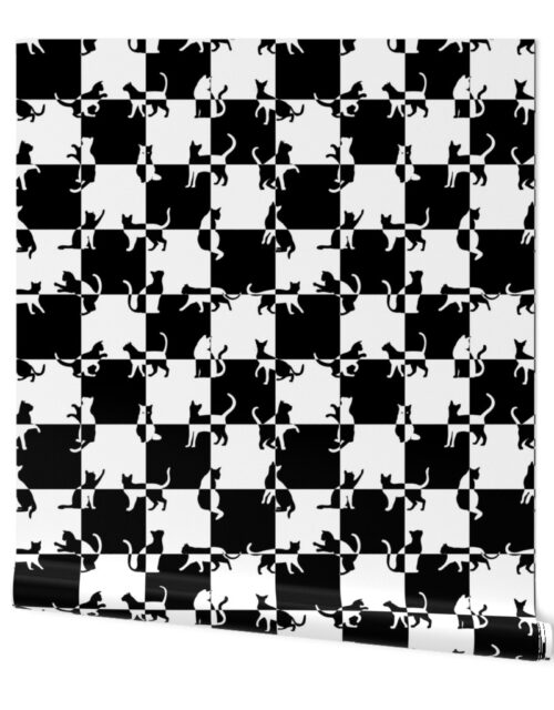 Black and White Cats on Black and White Checked Checker Board Pattern Wallpaper