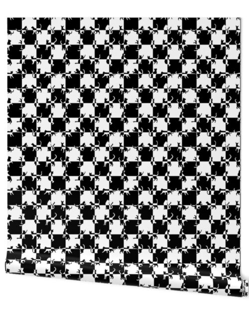 Black and White Cats on Black and White Checked Checker Board Pattern Wallpaper