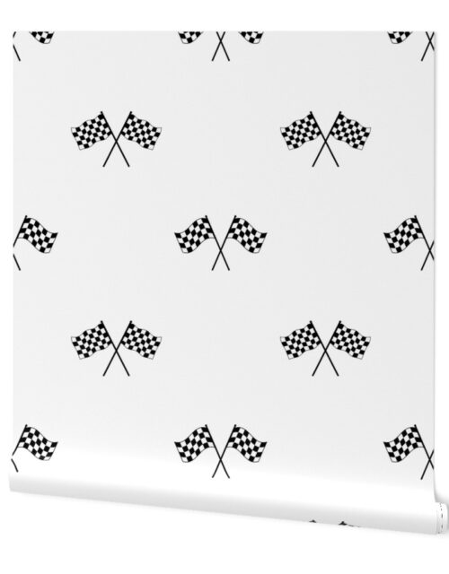Small Black and White Classic Chequered Flags  on White Wallpaper