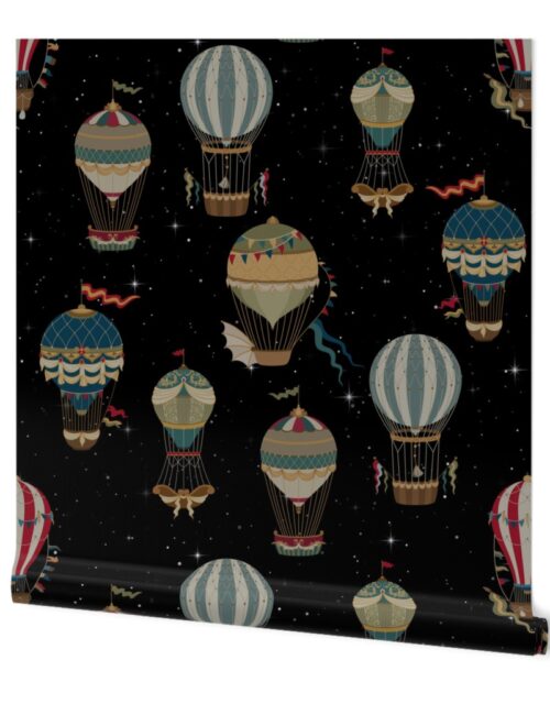 Vintage Ornamental Winged Hot Air Helium Balloons Bright White Starry Night Wallpaper