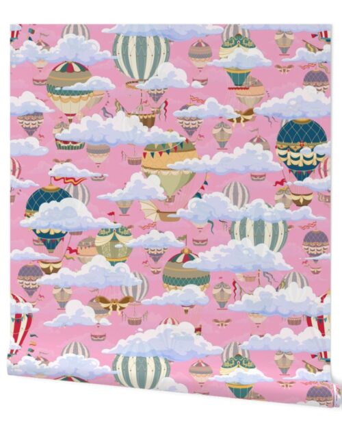 Large Pink Vintage Ornamental Winged Hot Air Helium Balloons in Clouds Race Wallpaper