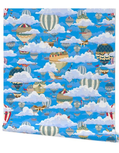 Blue Vintage Ornamental Winged Hot Air Helium Balloons in Clouds Race Wallpaper
