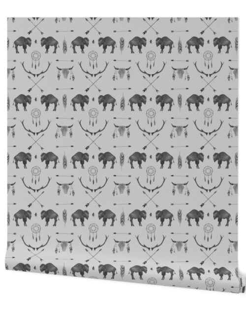 Light Grey Buffalo Handpainted Western Motifs Wallpaper
