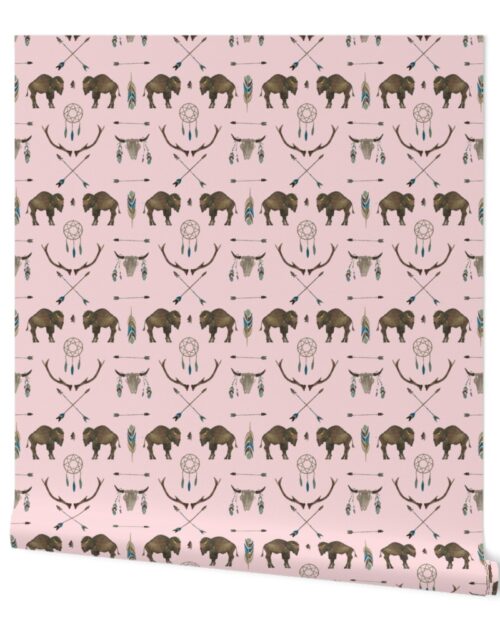 Pale Pink Buffalo Handpainted Western Motifs Wallpaper