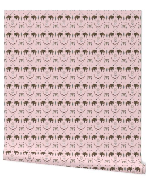 Small Pale Pink Buffalo Handpainted Western Motifs Wallpaper
