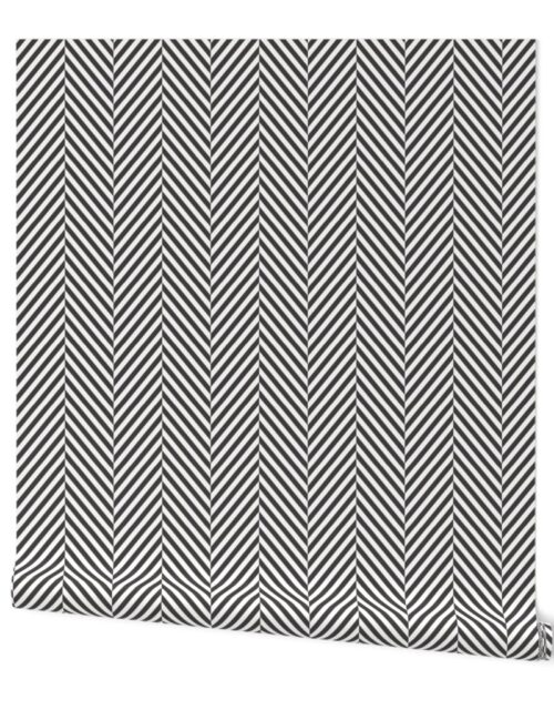 Graphite and White Geometric Herringbone Pattern Wallpaper