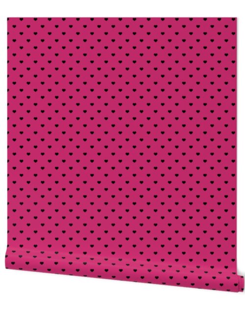 Mini Black Valentines Polkadot Love Hearts on Bubble Gum Pink Background Wallpaper