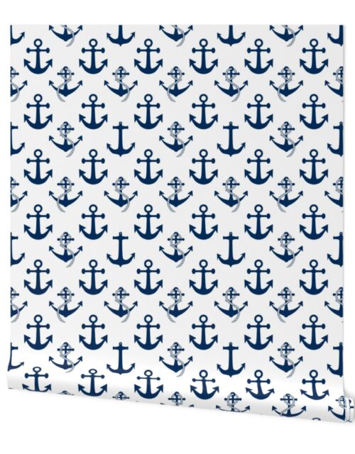 Large Nautical Blue Sailing Boat Anchors on White Wallpaper