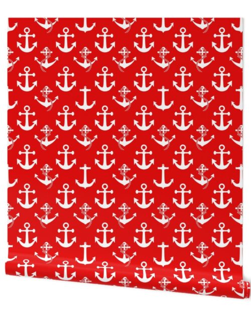 Large Nautical White Sailing Boat Anchors on Red Wallpaper