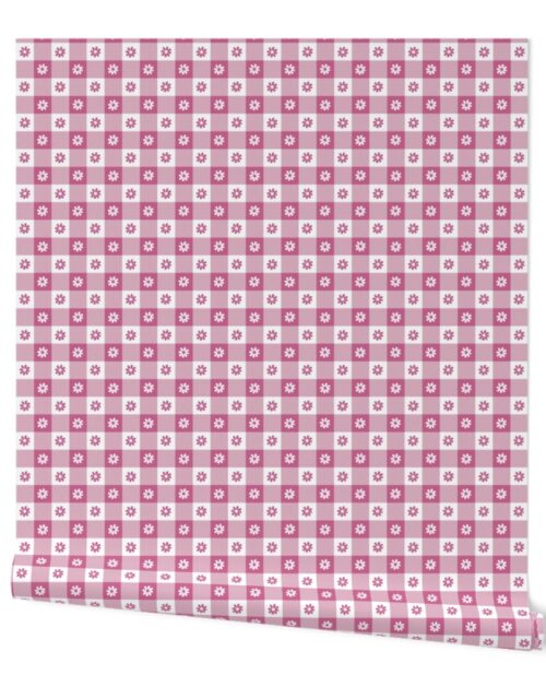 Peony Pink and White Gingham Check with Center Floral Medallions in Peony and White Wallpaper
