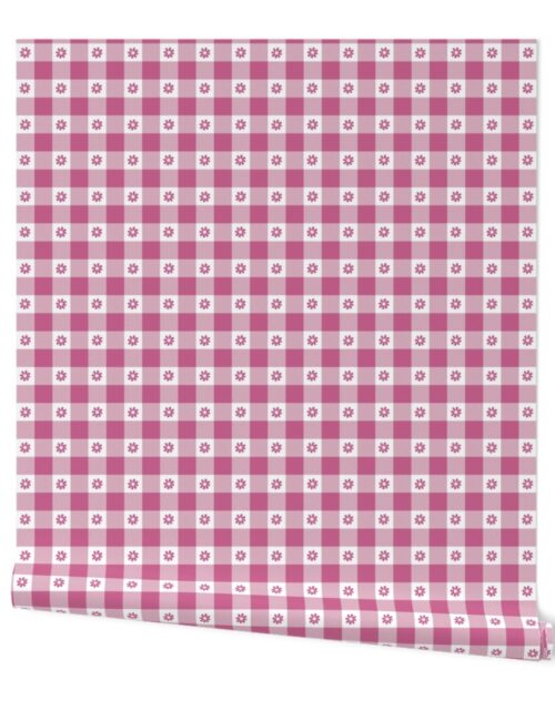 Peony Pink and White Gingham Check with Center Floral Medallions in Peony Wallpaper