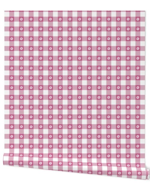 Peony Pink and White Gingham Check with Center Floral Medallions in White Wallpaper