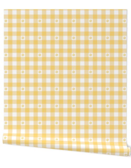 Buttercup Yellow and White Gingham Check with Center Floral Medallions in Yellow Wallpaper