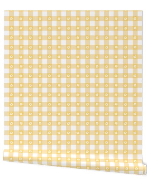 Buttercup Yellow and White Gingham Check with Center Floral Medallions in White Wallpaper