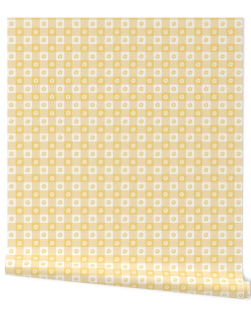 Buttercup Yellow and White Gingham Check with Center Floral Medallions in White and Yellow Wallpaper