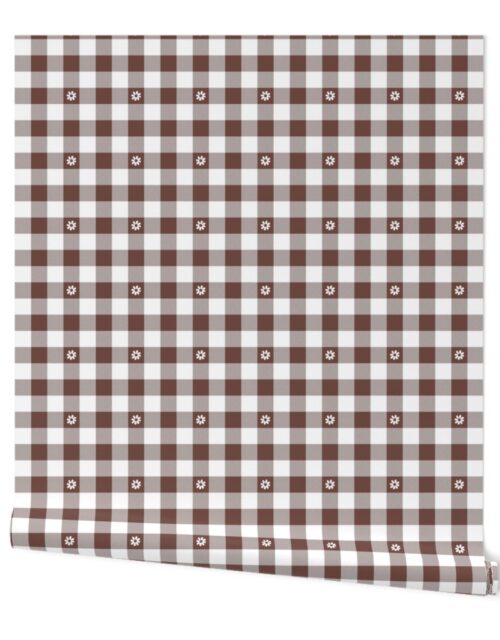 Cinnamon Brown and White Gingham Check with Center Floral Medallions in White Wallpaper