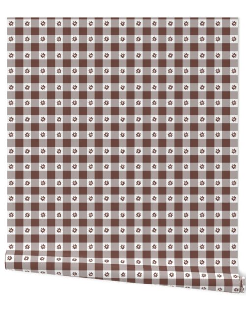 Cinnamon Brown and White Gingham Check with Center Floral Medallions in Cinnamon Wallpaper