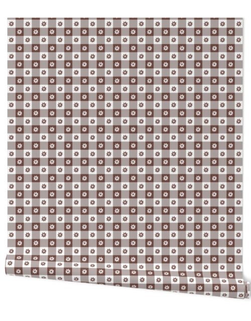 Cinnamon Brown and White Gingham Check with Center Floral Medallions in Cinnamon and White Wallpaper