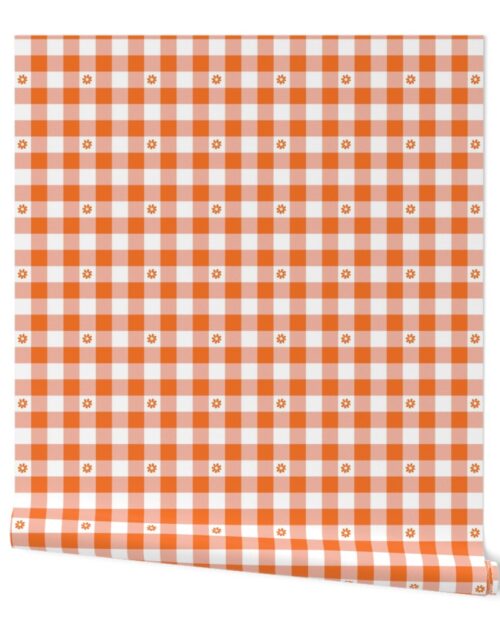 Carrot Orange and White Gingham Check with Center Floral Medallions in Carrot Wallpaper