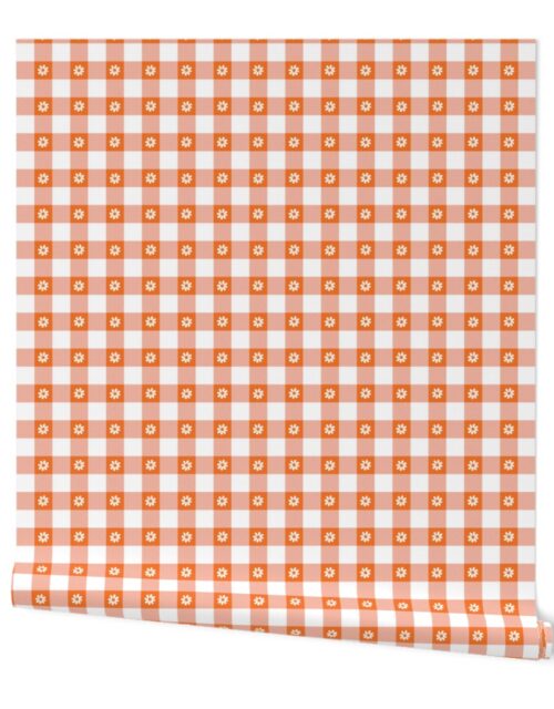 Carrot Orange and White Gingham Check with Center Floral Medallions in White Wallpaper