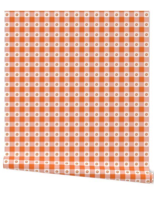 Carrot Orange and White Gingham Check with Center Floral Medallions in Carrot Wallpaper