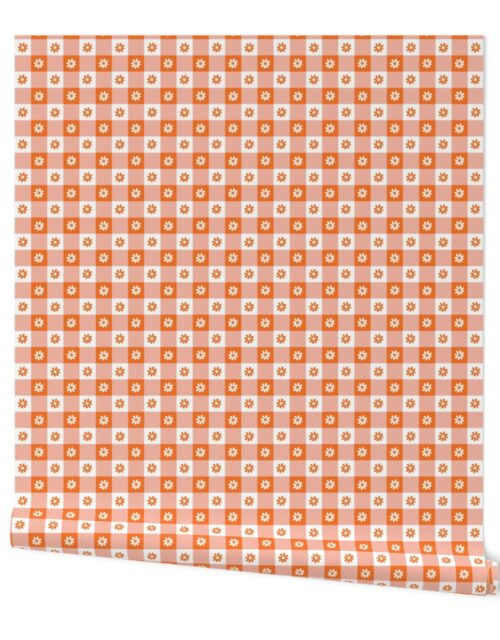 Carrot Orange and White Gingham Check with Center Floral Medallions in Carrot and White Wallpaper