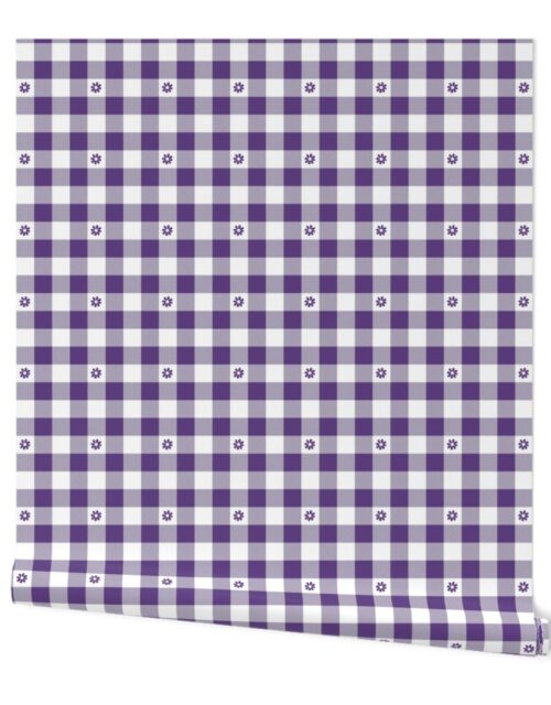 Purple Grape and White Gingham Check with Center Floral Medallions in Purple Wallpaper