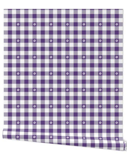 Purple Grape and White Gingham Check with Center Floral Medallions in White Wallpaper