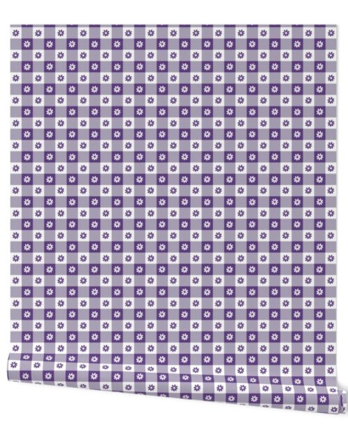 Purple Grape and White Gingham Check with Center Floral Medallions in Purple and White Wallpaper