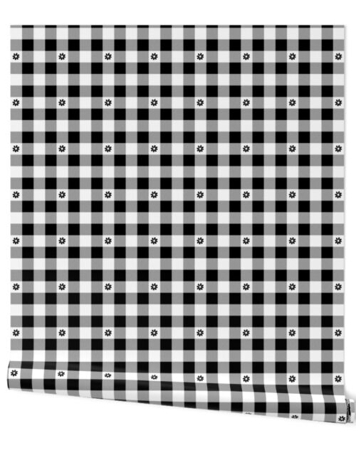 Black and White Gingham Check with Center Floral Medallions in Black Wallpaper