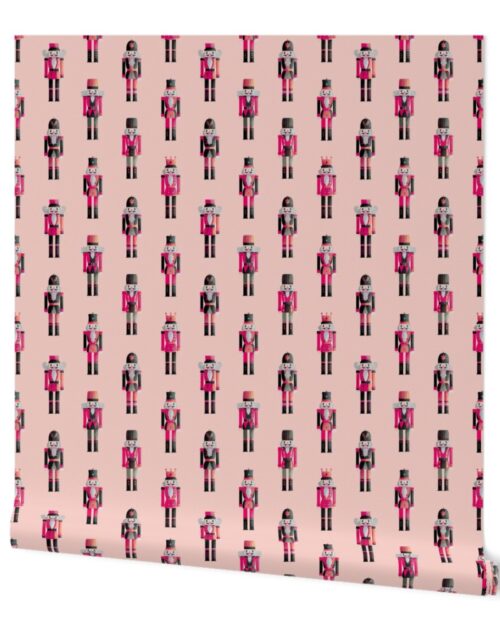 Soldier and King Christmas Nutcrackers Parade on Pale Pastel Pink Wallpaper
